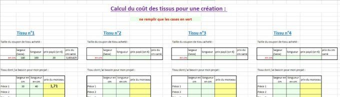 bonus 1 : tableaux calcul coût tissus