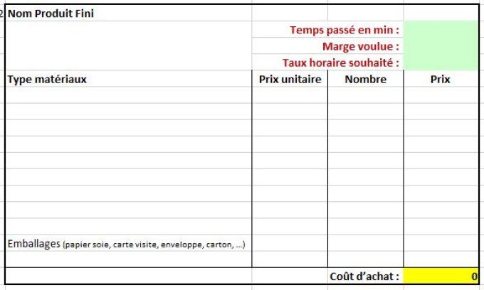 tableau de calcul des coûts des matériaux